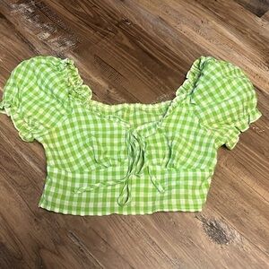 green picnic style crop top with sleeve ruffles
